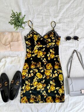 Urban Outfitters Black Velvet Mini Dress with Yellow Floral Print